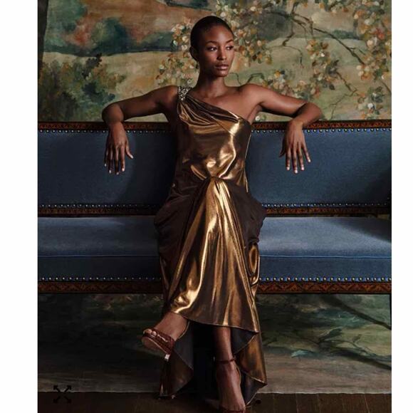 Lauren Ralph Lauren Metallic Chiffon One Shoulder Gown Party Size US 10 - Picture 11 of 14